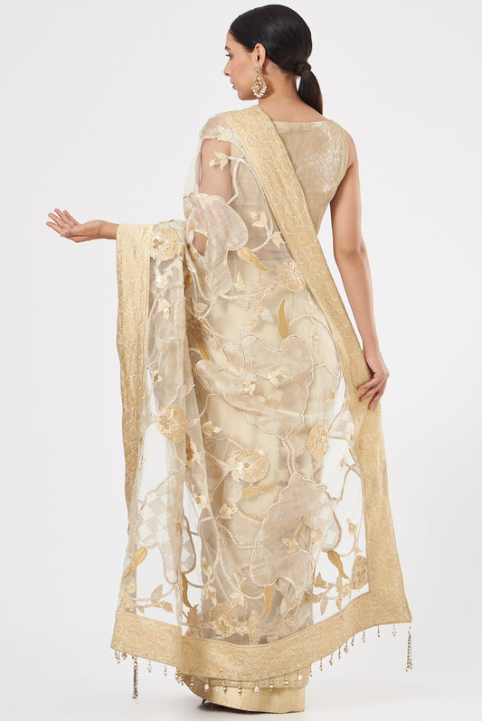Cream Net Embroidered Designer Saree Set