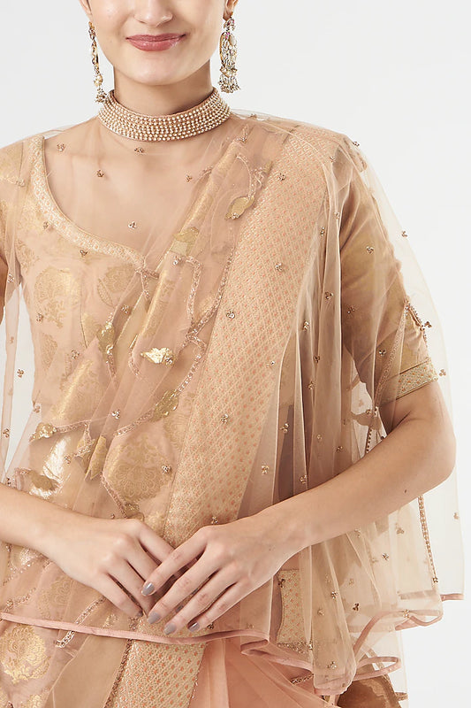 Peach French Net Limited Edition Designer Saree Set