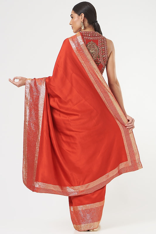 Bright Red Pure Silk Hand Embroidered Designer Saree Set