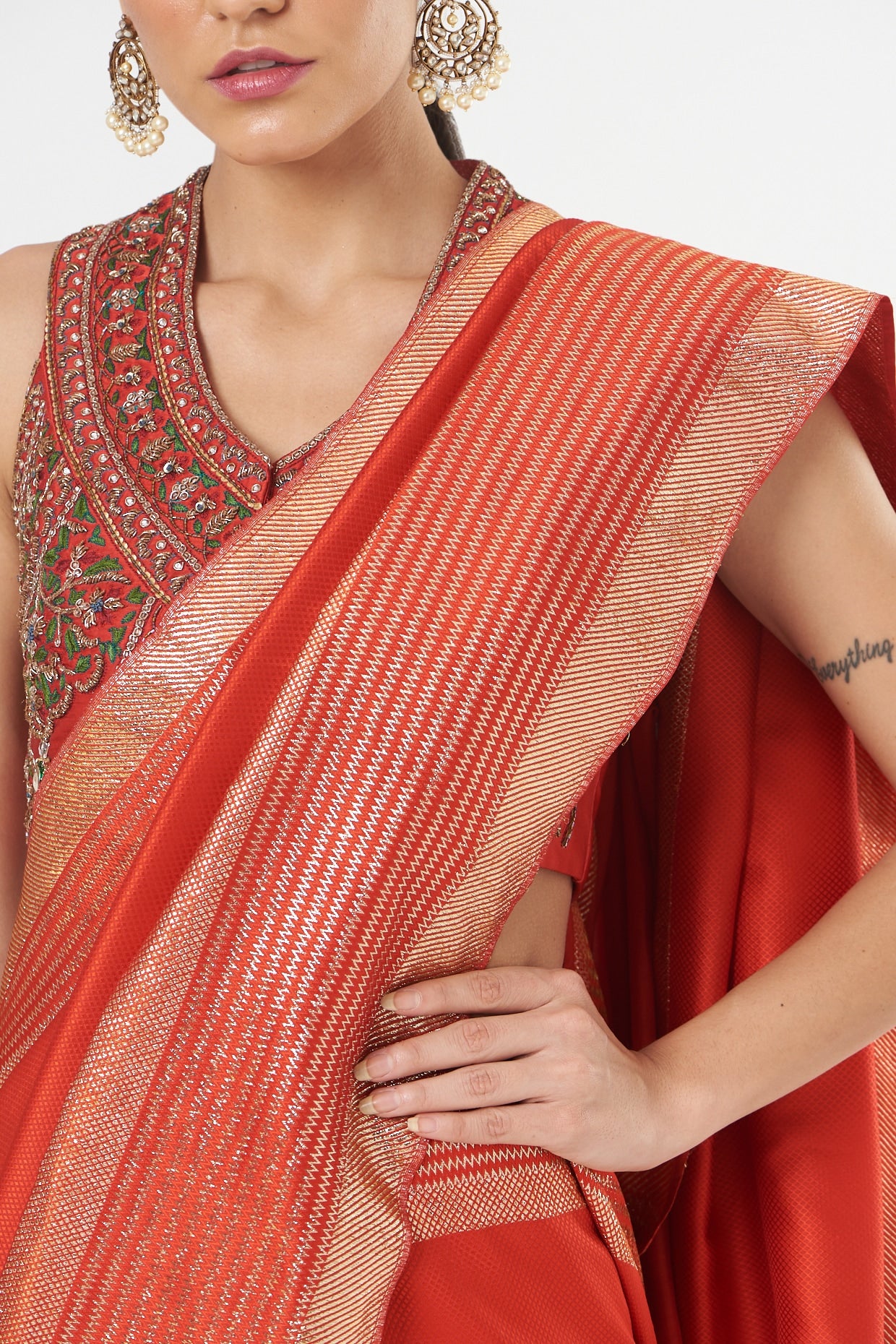 Bright Red Pure Silk Hand Embroidered Designer Saree Set