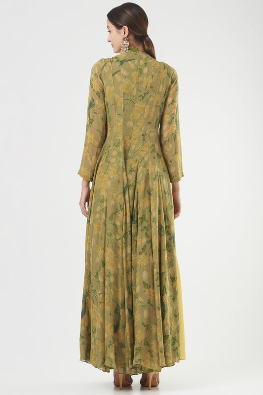 Lime & Green Embroidered Designer Georgette Dress