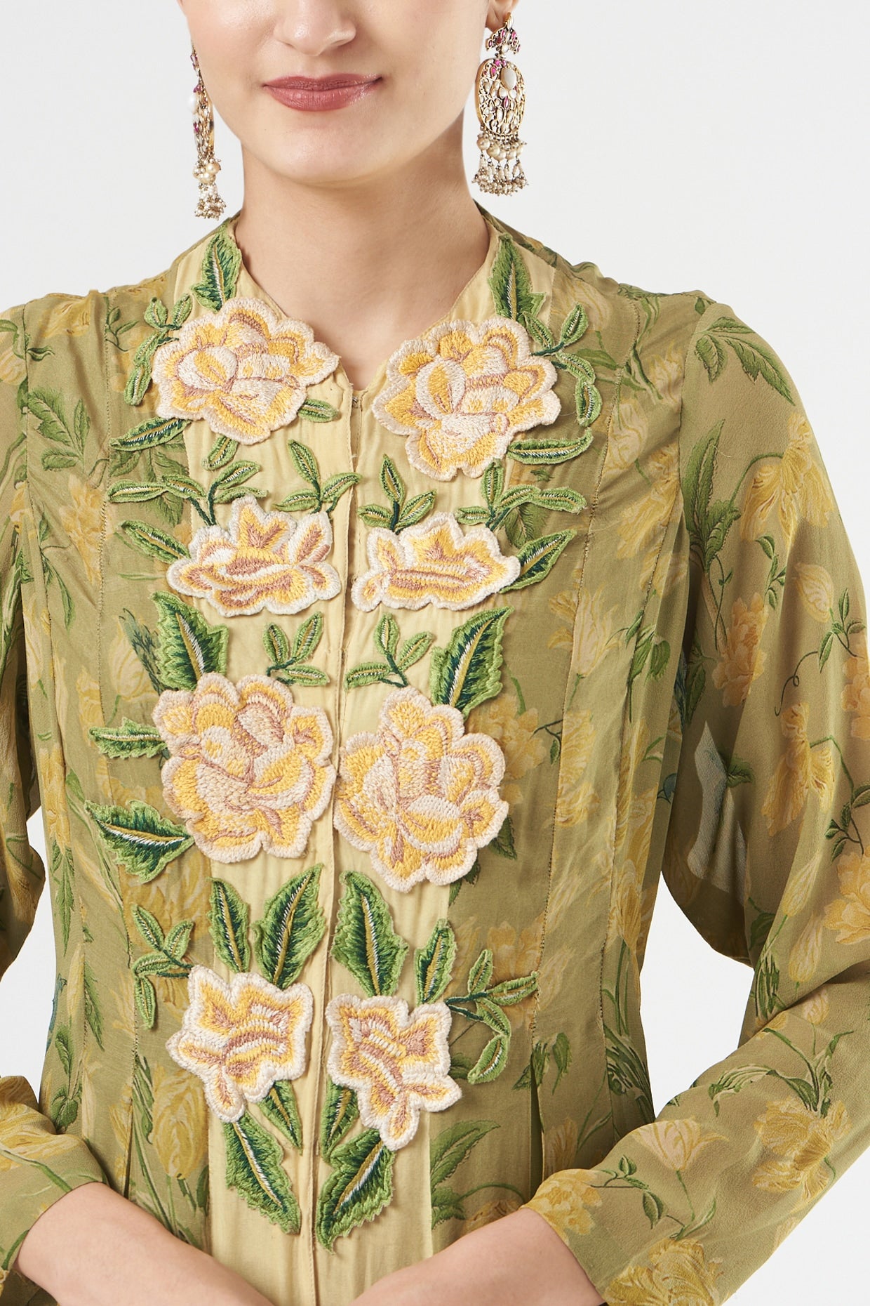 Lime & Green Embroidered Designer Georgette Dress