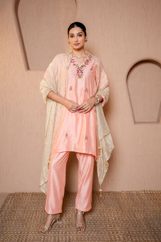 Peach Chanderi Booti Machine Embroidery Kurta