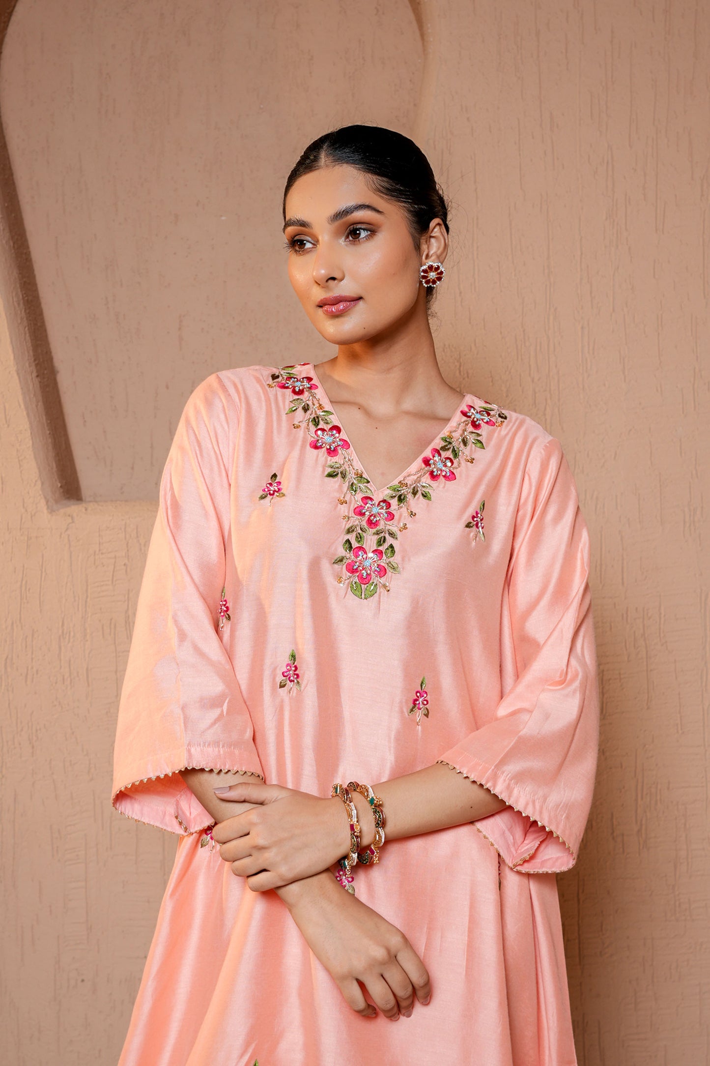 Peach Chanderi Booti Machine Embroidery Kurta