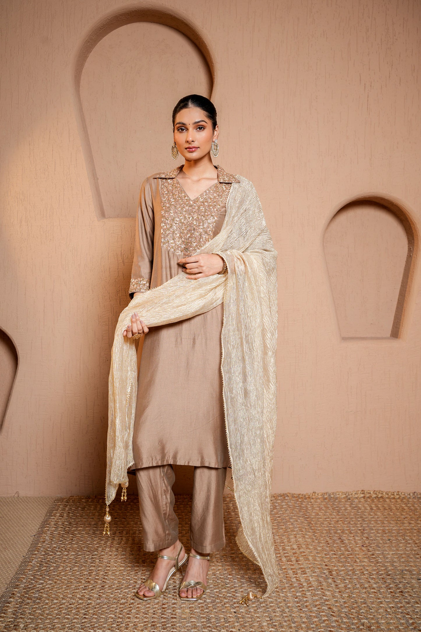 Brown Chanderi Zari & Sequece Work Kurta Set