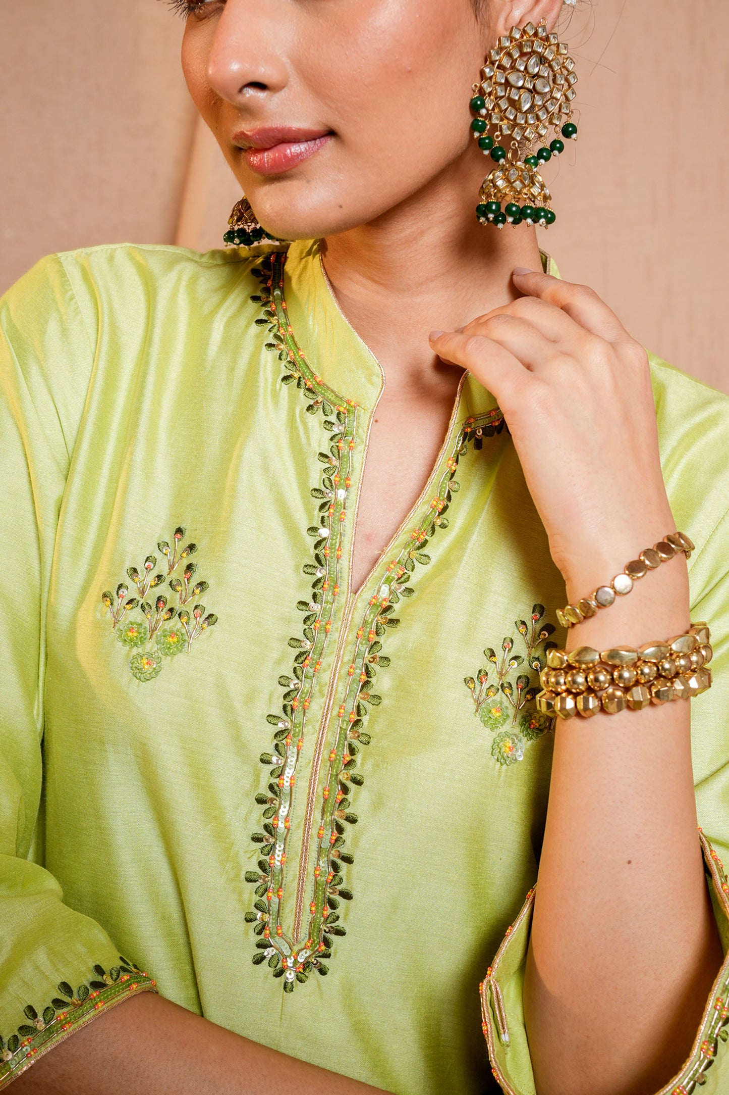 Green Chanderi Booti & SequinsHand Work Suit Set