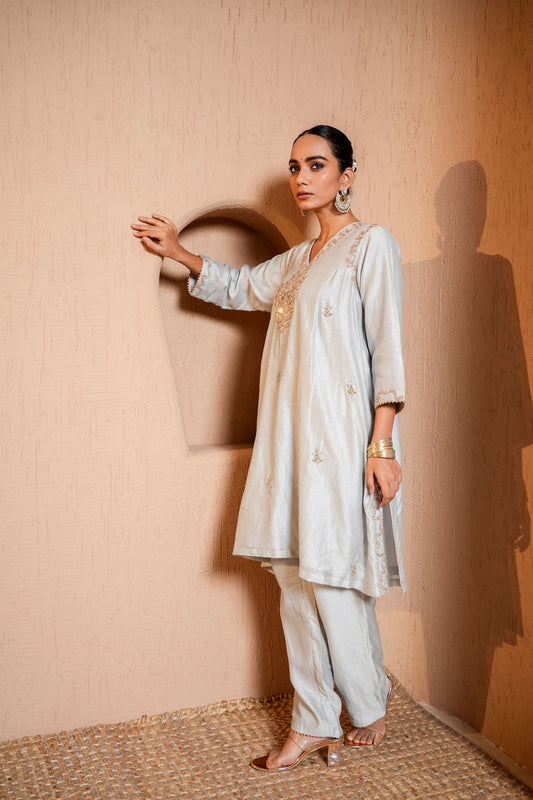 Grey Silk Chanderi A-line Thread Work Embroidery Kurta-plazo Set