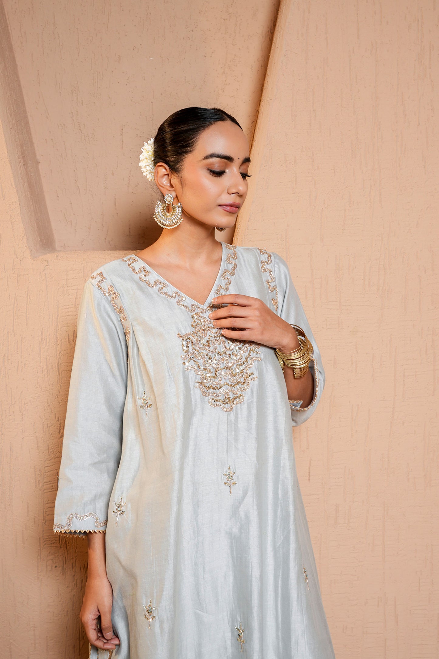 Grey Silk Chanderi A-line Thread Work Embroidery Kurta-plazo Set
