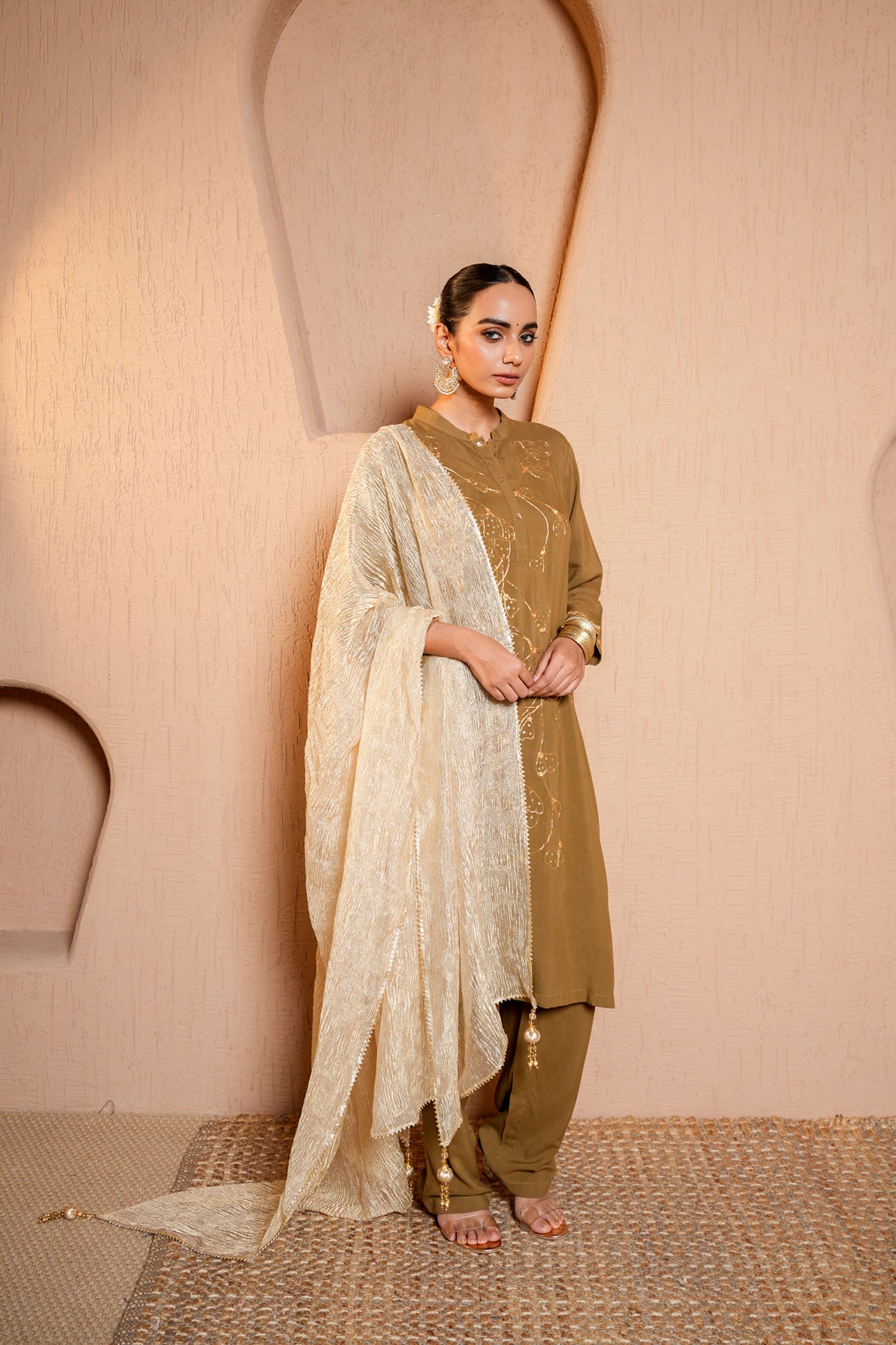 Mehendi Green Rayon Golden Dori Machine Embroidery Kurta Set