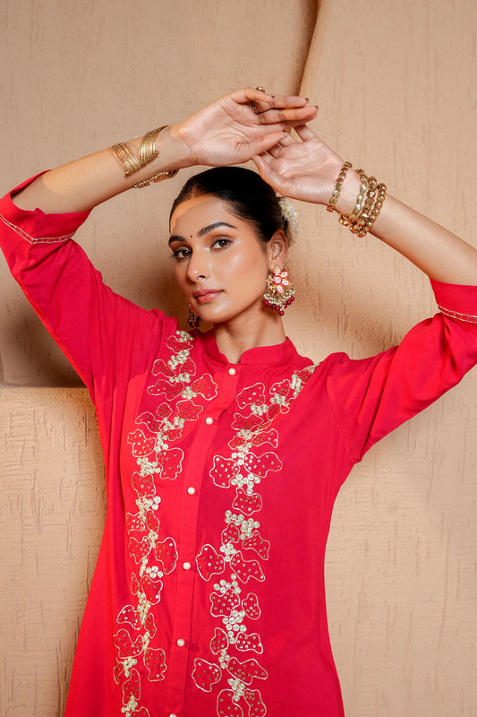 Red Rayon Zari & Dori Machine Embroidery Kurta Set