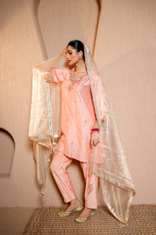 Peach Chanderi Booti & SequinsHand Work Kurta Set