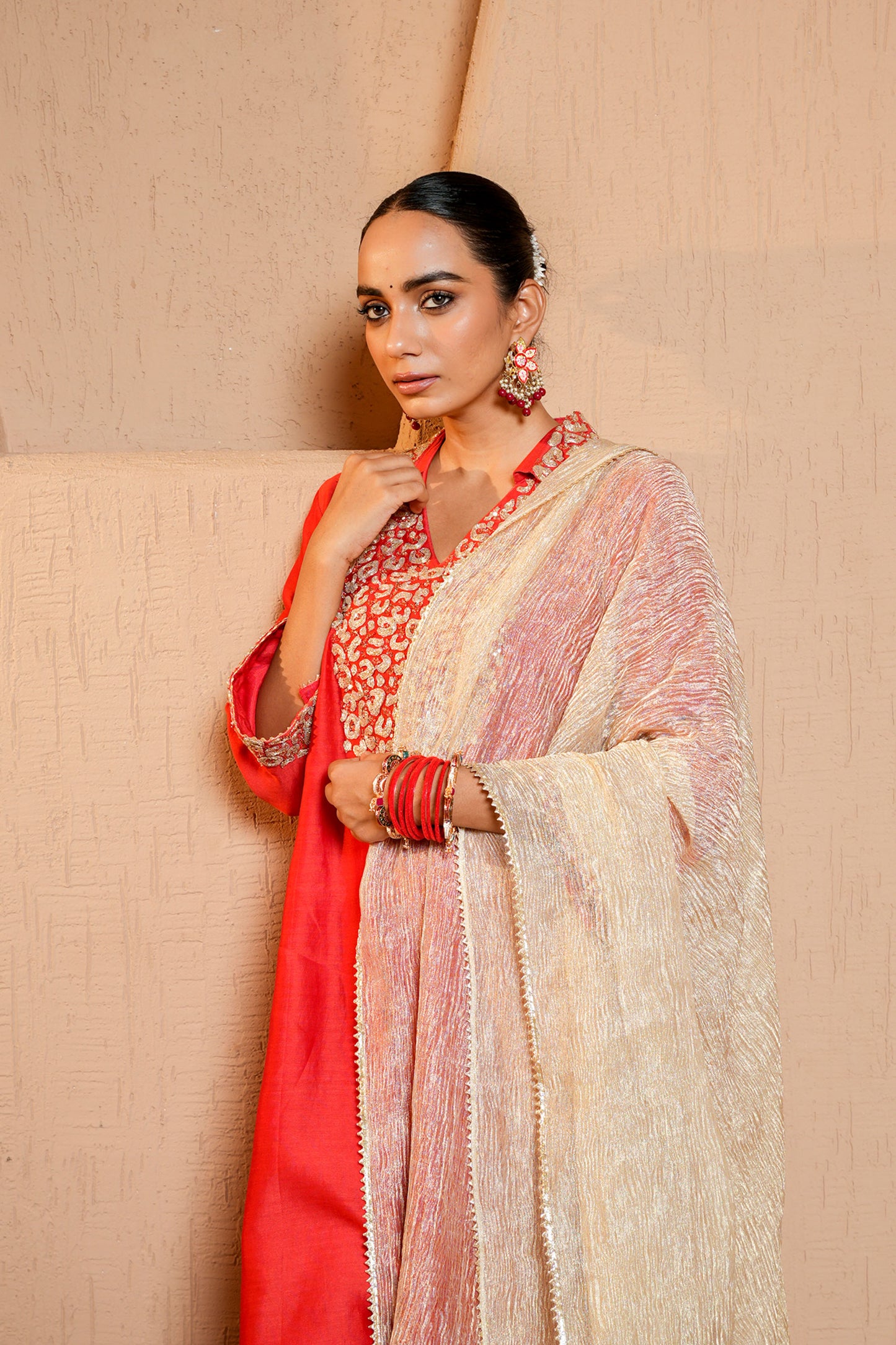 Red Chanderi Dori Hand Embroidery Kurta Set