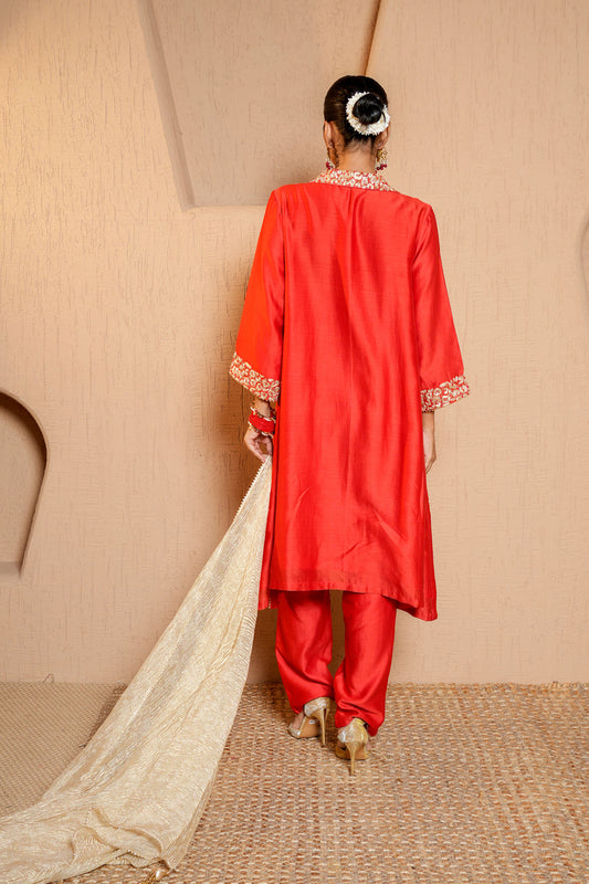 Red Chanderi Dori Hand Embroidery Kurta Set