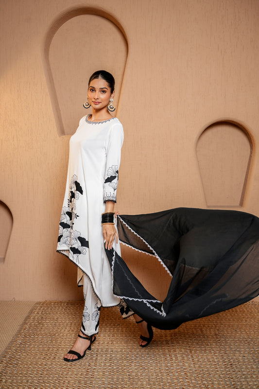 Black And White Hand Embrodiery C- Cut Rayon Kurta