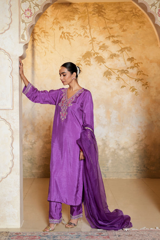 Purple Chanderi With Booti Hand Work Kurta Set