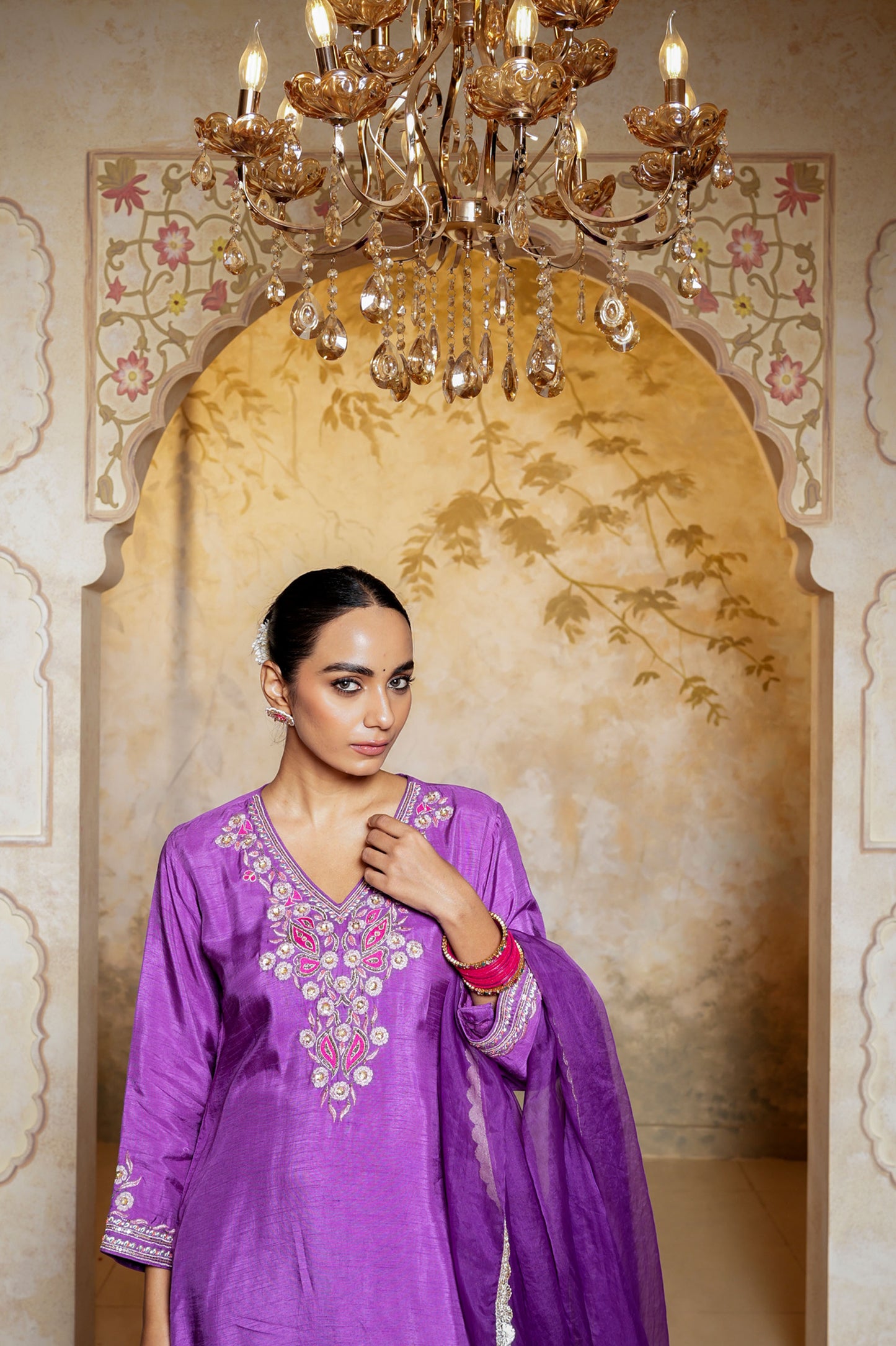 Purple Chanderi With Booti Hand Work Kurta Set