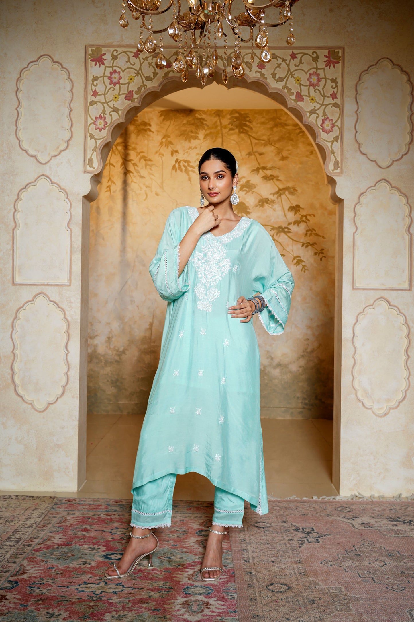 Aqua Green Kaftan With Dori Pearl Work & Hand Embroidery