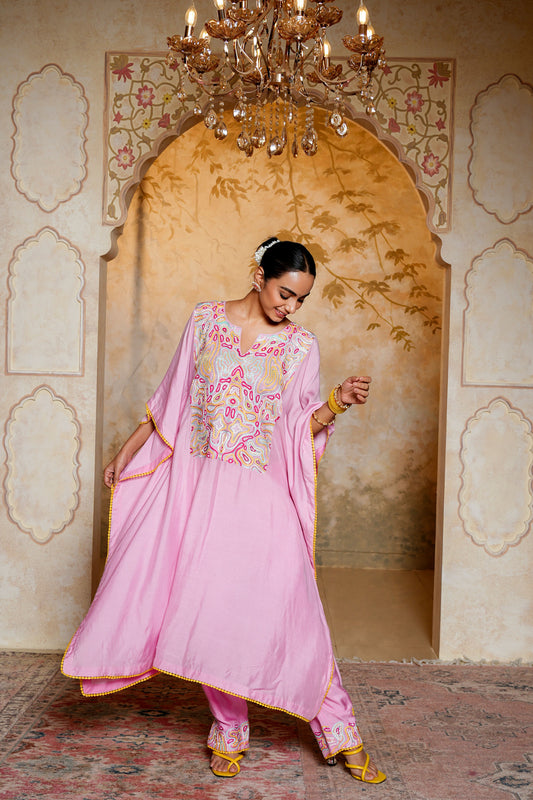Pink Kaftan-pant Set With Thread & Beads Handwork