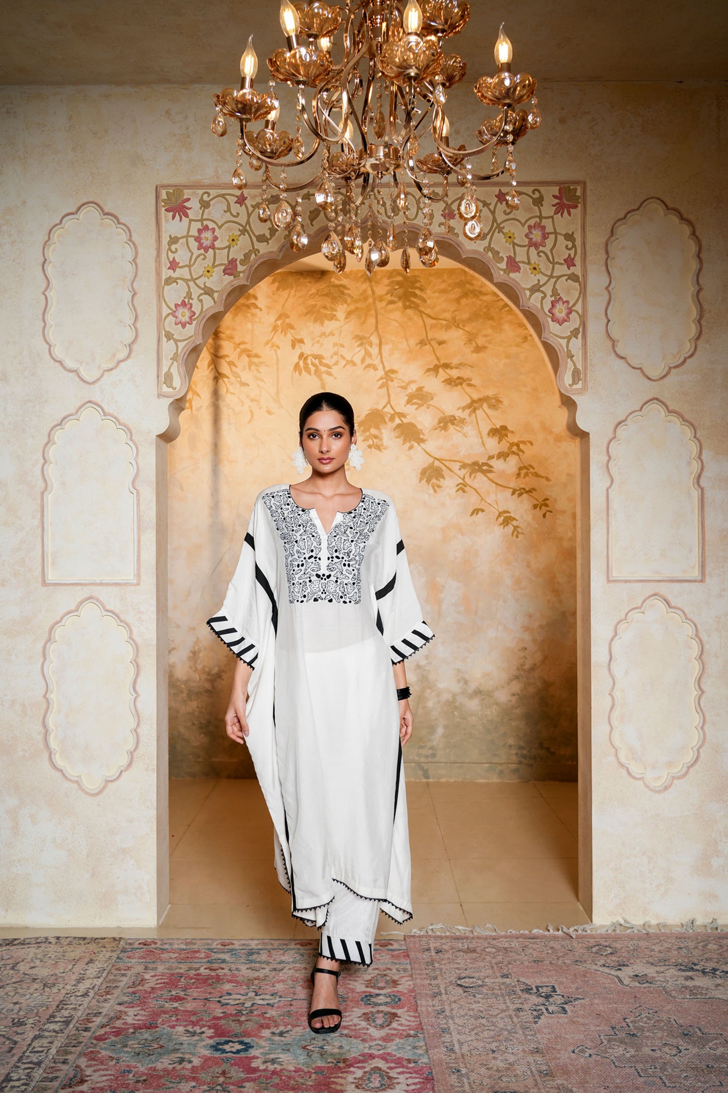 White & Black Muslin Beads Hand Work Embroidery Kaftan