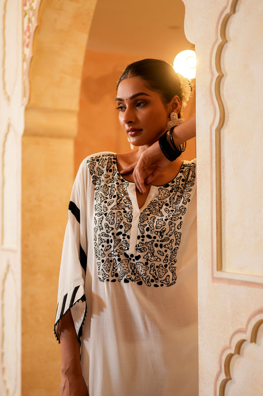 White & Black Muslin Beads Hand Work Embroidery Kaftan
