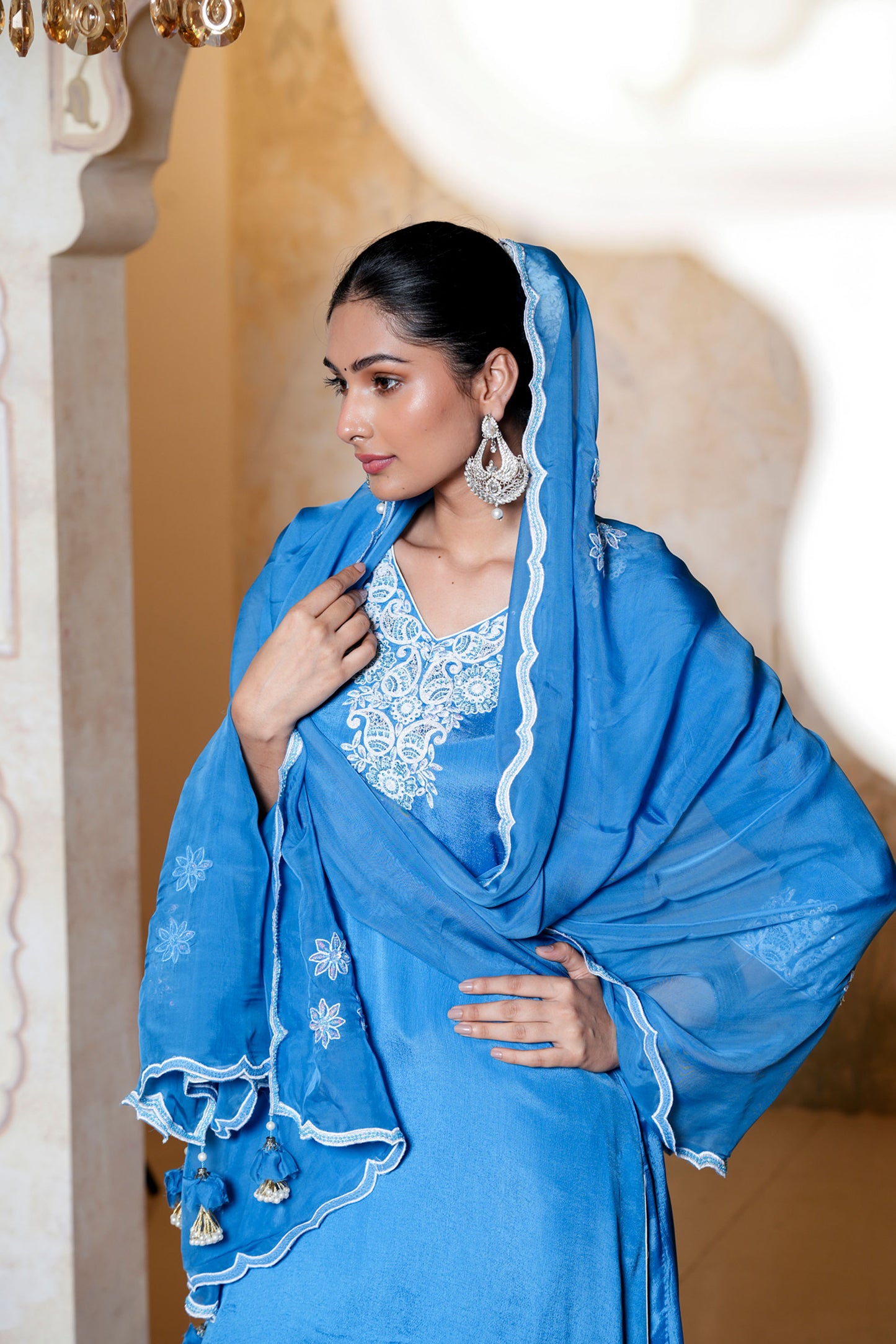 Blue Chinnon With Dori Work Suit Set