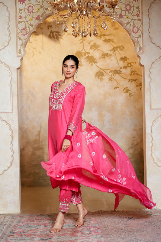 Pink Viscose Chanderi Hand Work Kurta Set