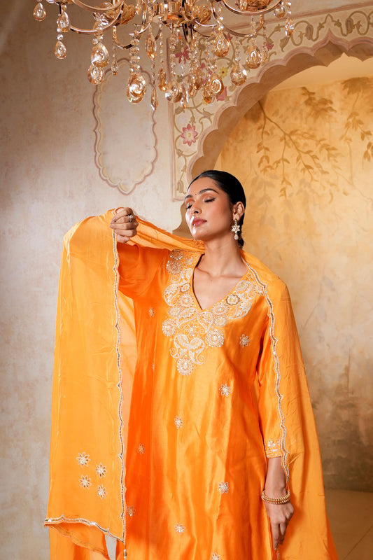Orange Chanderi With Moti Hand Work & Embroidery Kurta Set
