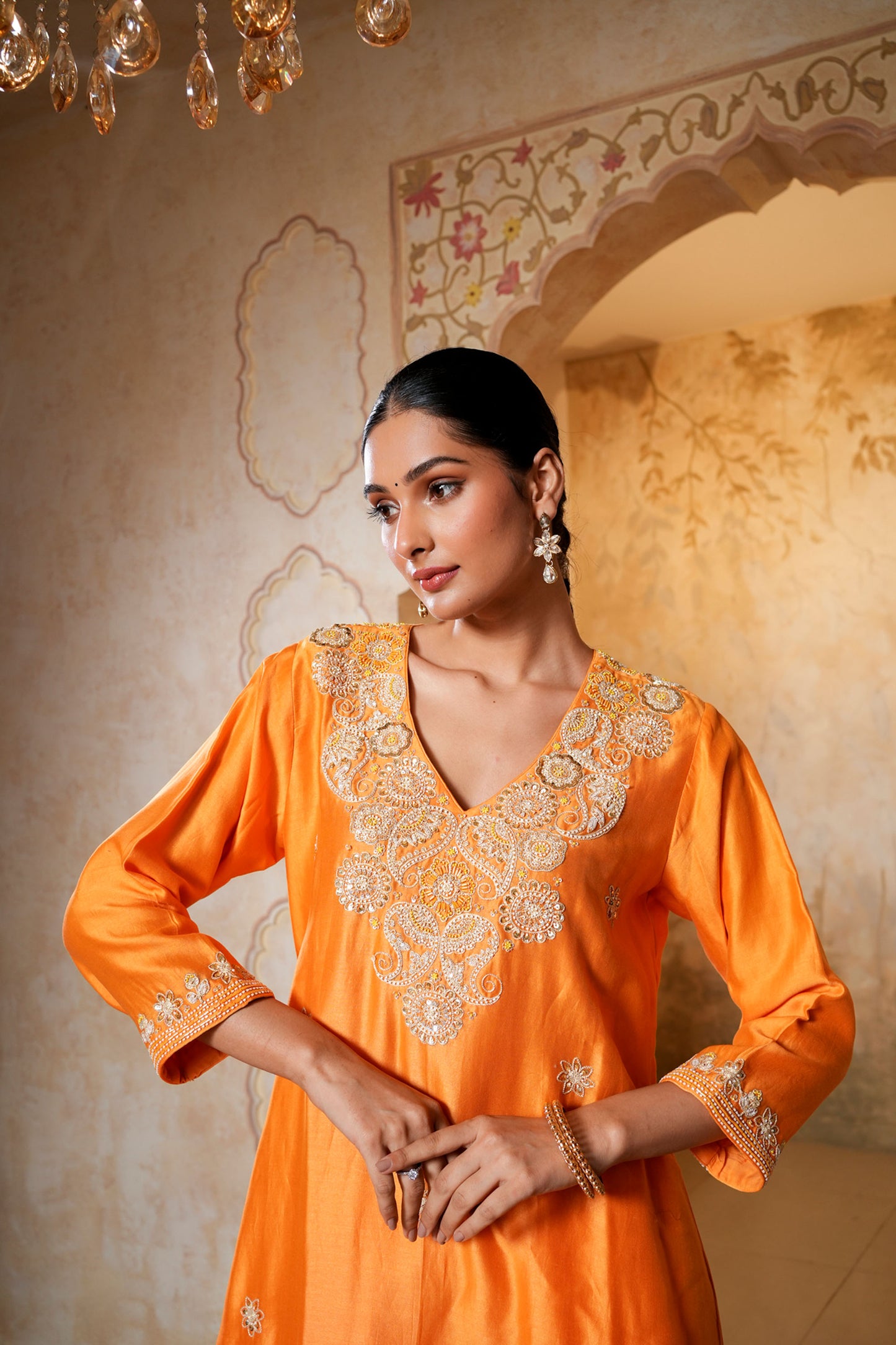 Orange Chanderi With Moti Hand Work & Embroidery Kurta Set