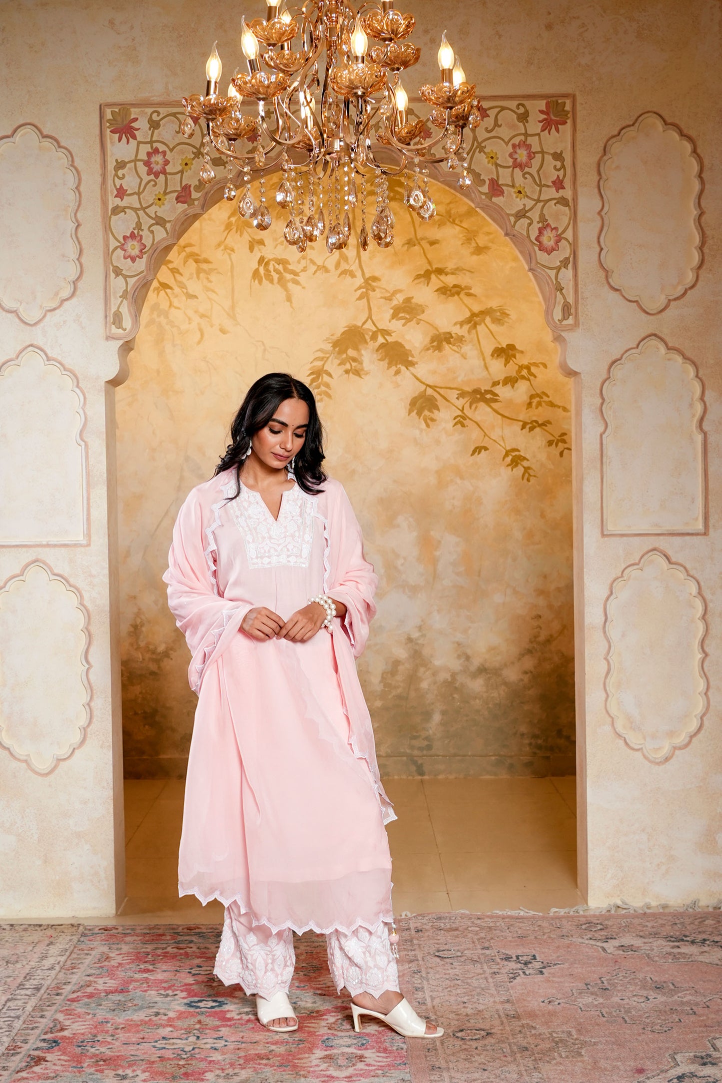 Light Pink Muslin Pearl Dori Work Kurta-pant Set