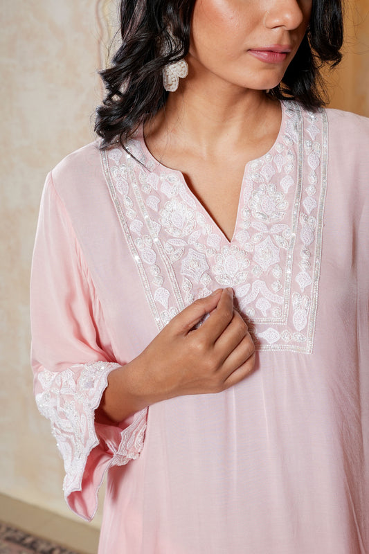 Light Pink Muslin Pearl Dori Work Kurta-pant Set