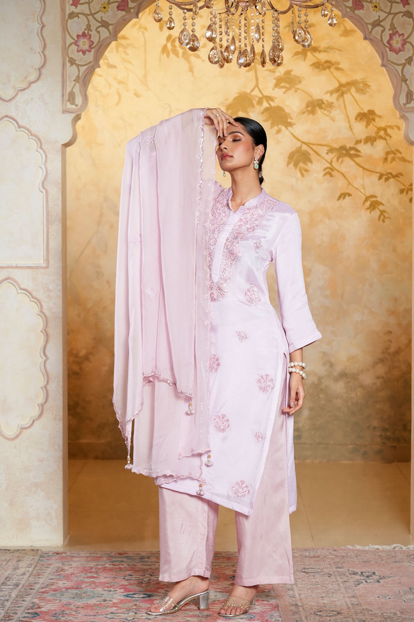 Light Pink Chinnon With SequinsHand And Embroidery Work Kurta Set