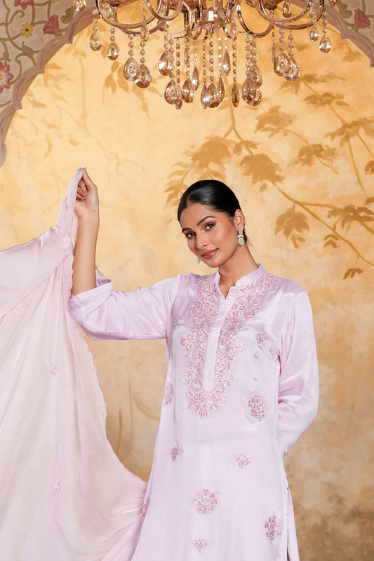 Light Pink Chinnon With SequinsHand And Embroidery Work Kurta Set
