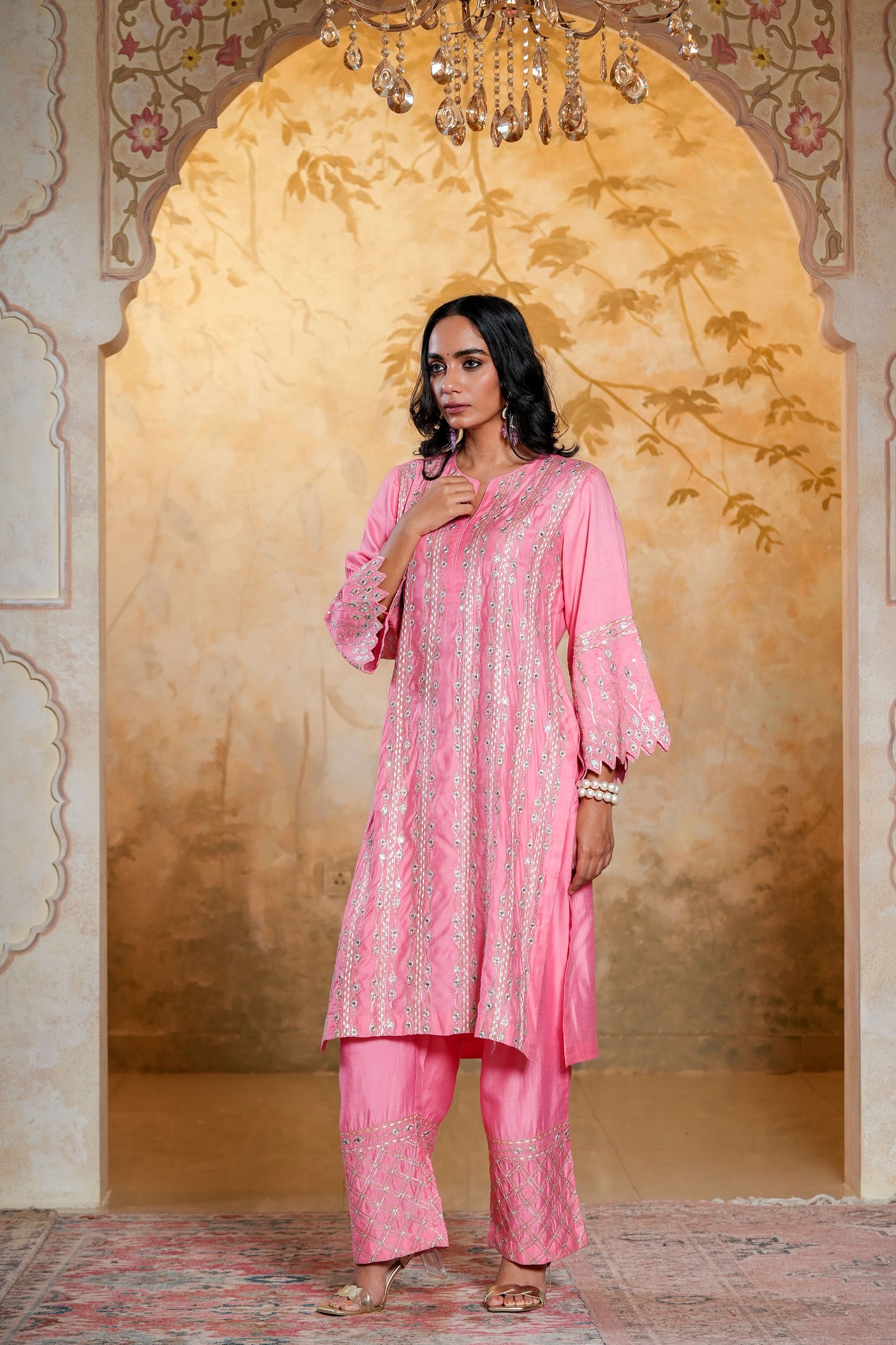 Light Pink Chanderi SequinsAnd Gota Work Kurta Set