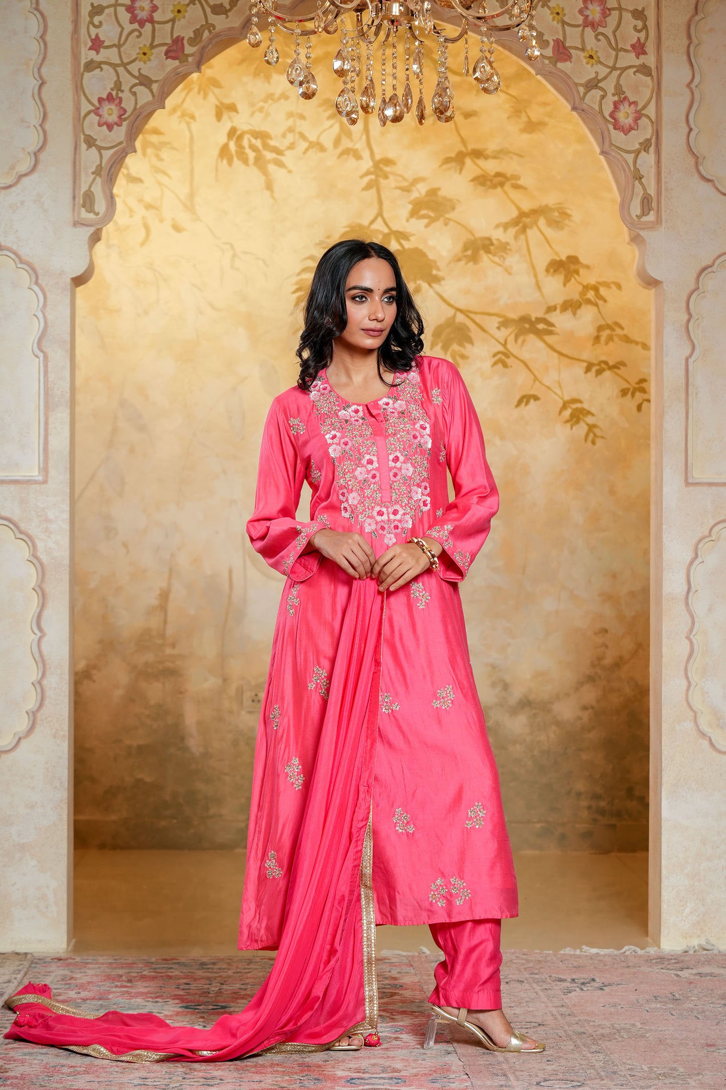 Pink Chanderi Hand Work A-line Kurta Set