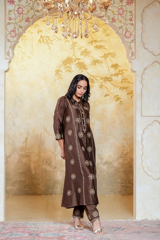 Brown Chanderi Zari & Sequece Work Kurta Set