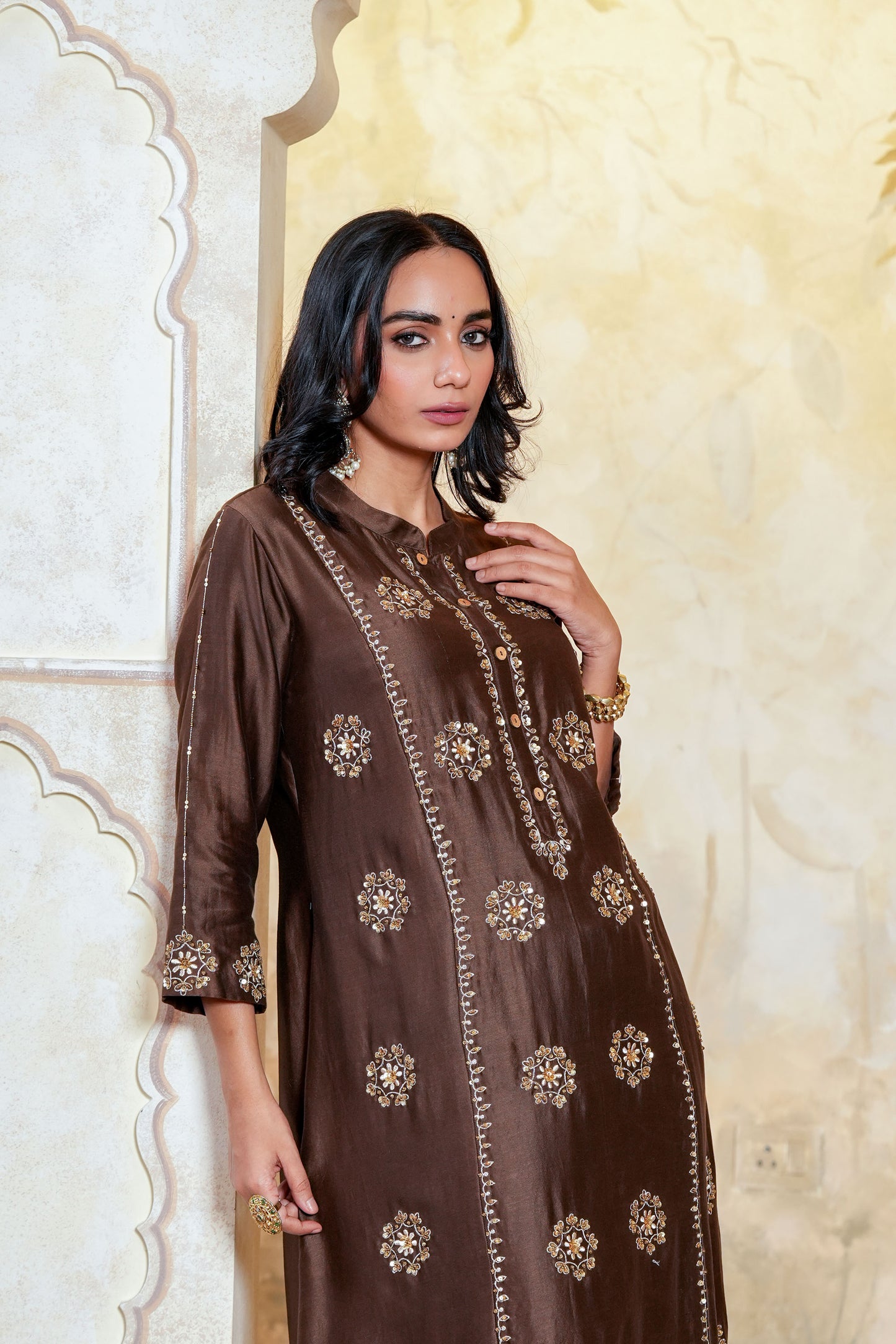 Brown Chanderi Zari & Sequece Work Kurta Set