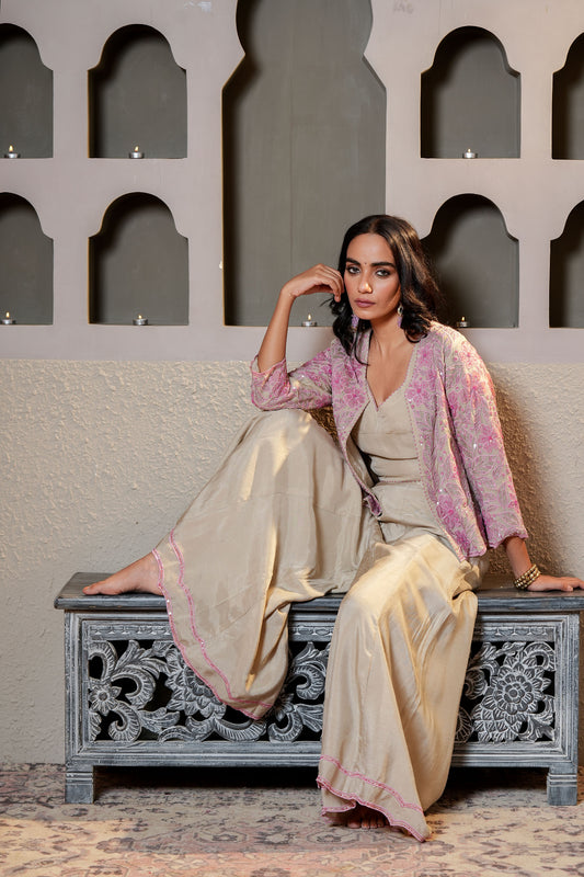 Pink & Grey Chanderi Sequins& Cut Dana Work Embroidery Suit Set