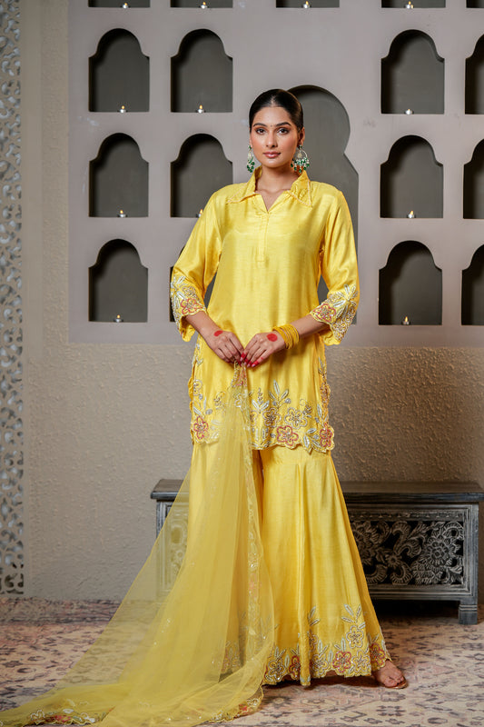 Yellow Dola Silk Cut Dana Hand Embroidery Party Wear Sharara