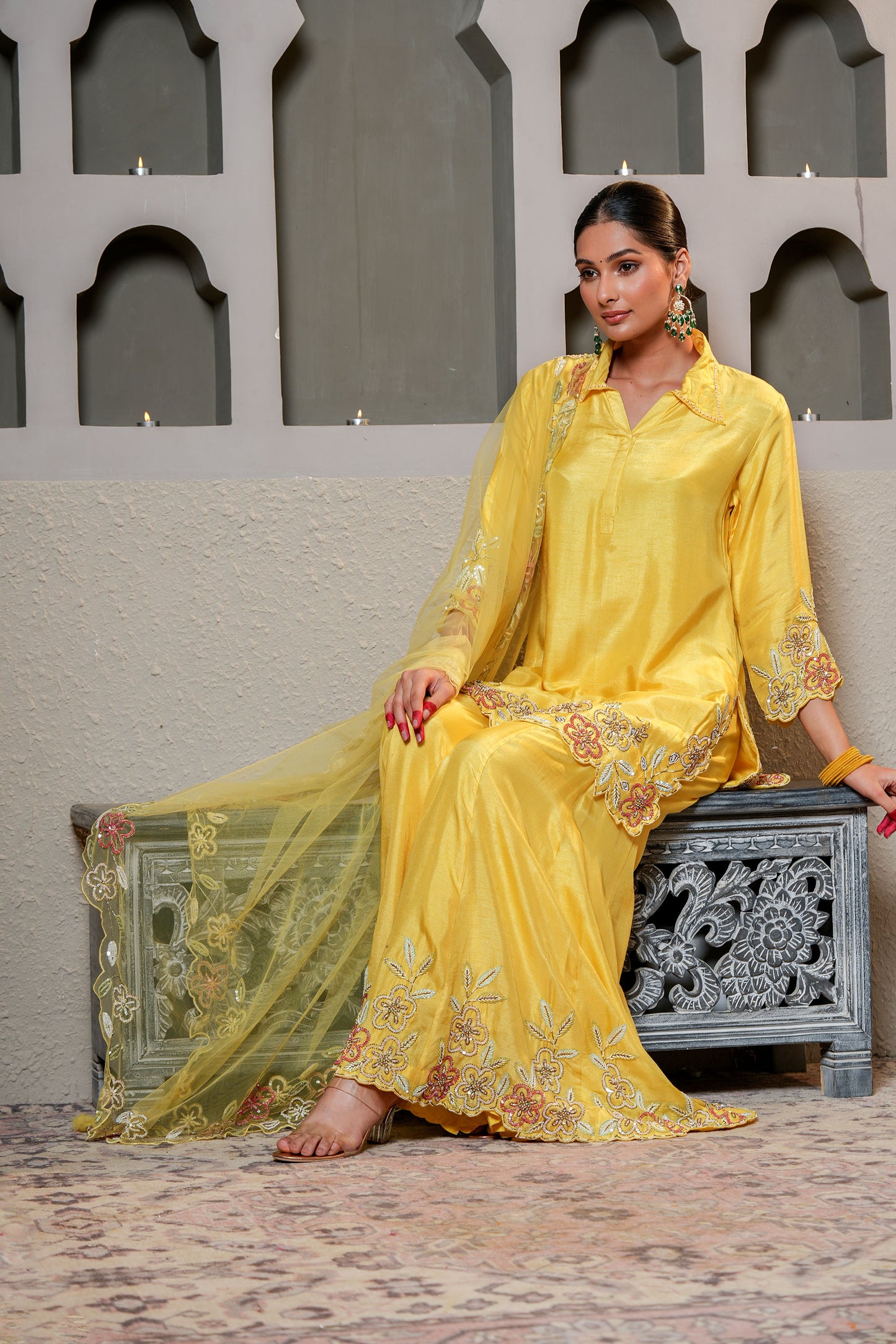 Yellow Dola Silk Cut Dana Hand Embroidery Party Wear Sharara