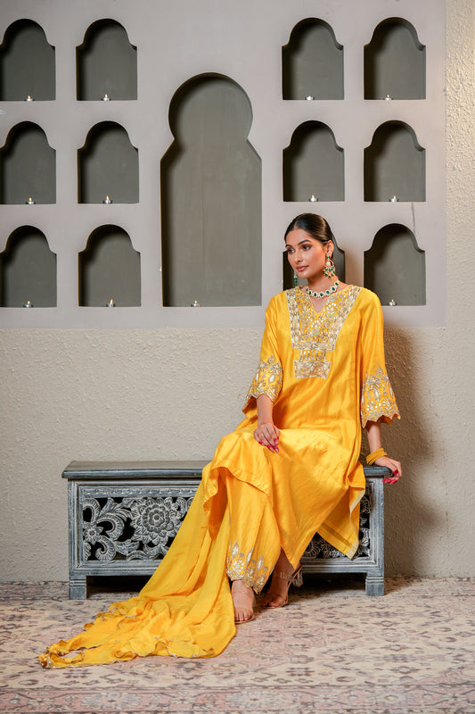 Yellow Chanderi Crafted With Gota Patti Work Designer Suit Set