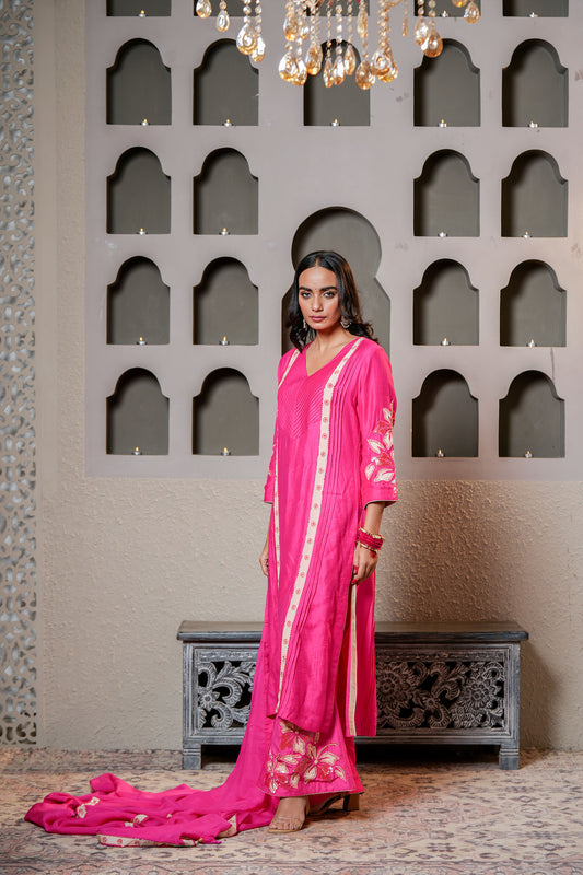 Royal Pink Dola Silk Suit Set Applique Cut Dana Work Suit Set