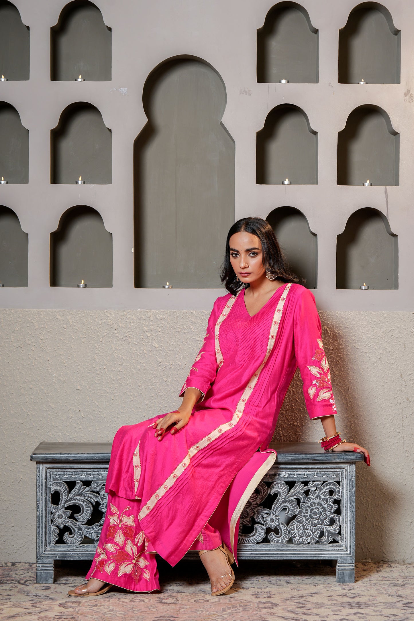 Royal Pink Dola Silk Suit Set Applique Cut Dana Work Suit Set