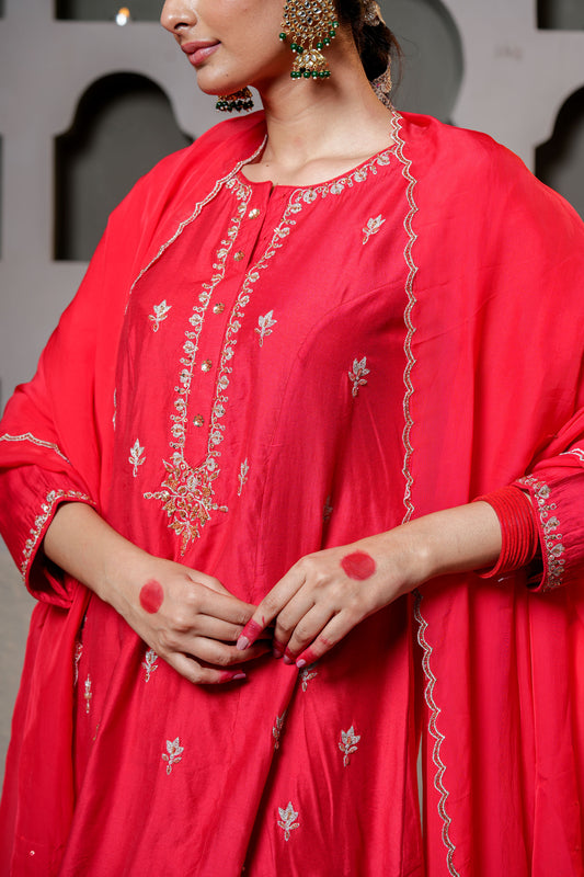 Red Chanderi Zari Booti & SequinsKurta Set