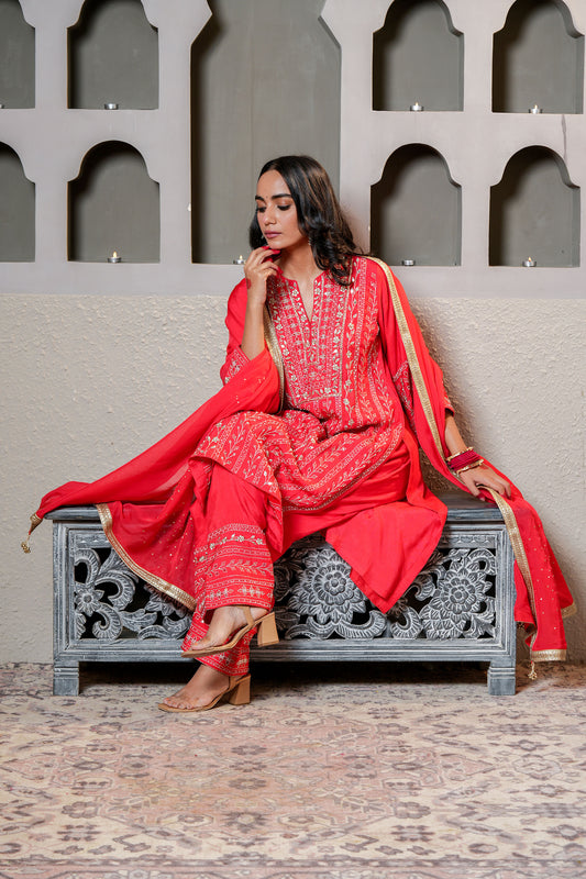 Red Chanderi Heavy Zari Hand Work Kurta Set