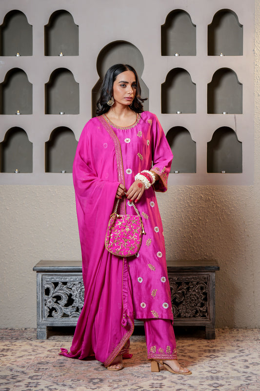 Wine Chanderi Booti & Hand Work Embroidered Kurta Set