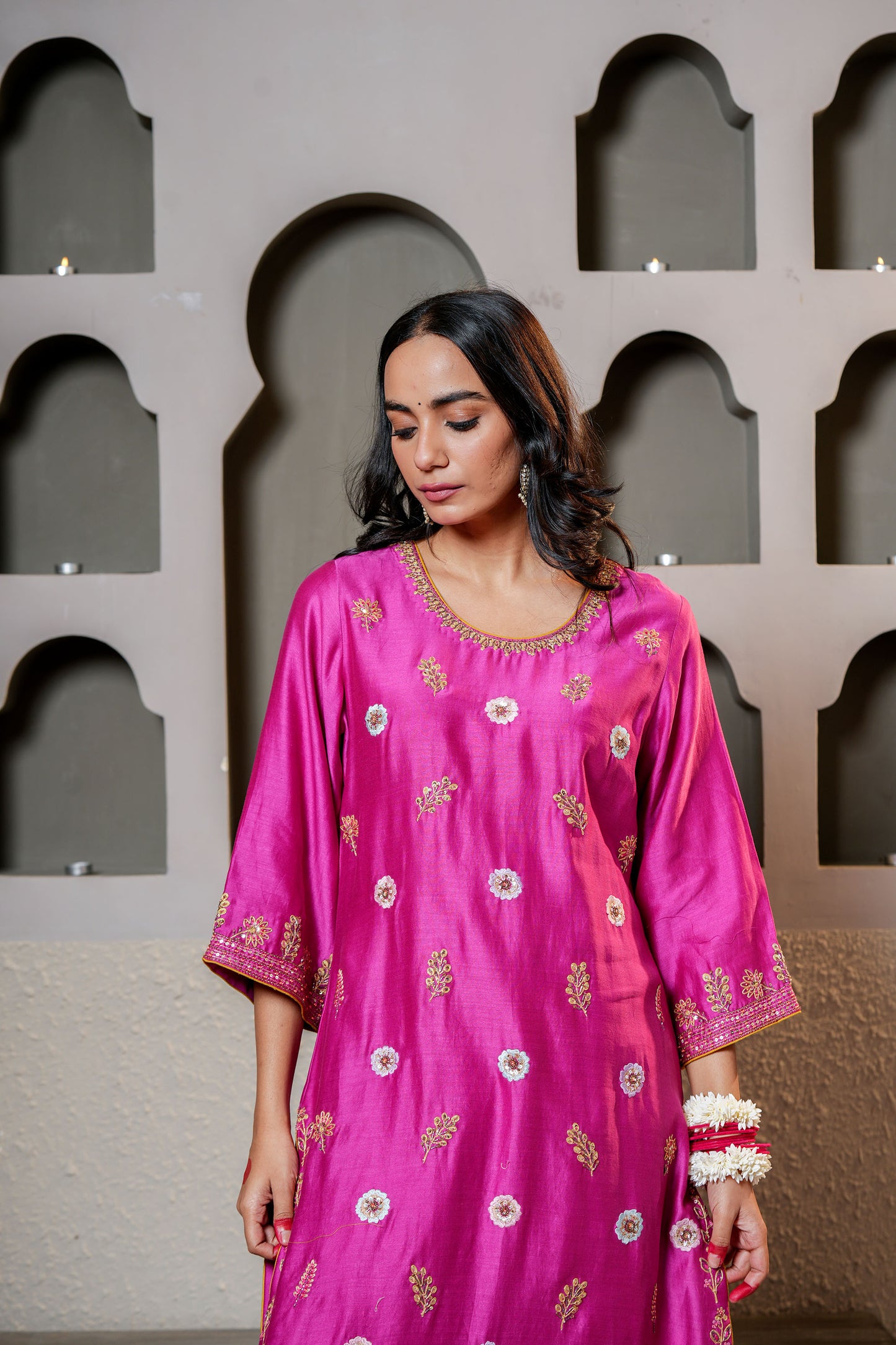 Wine Chanderi Booti & Hand Work Embroidered Kurta Set