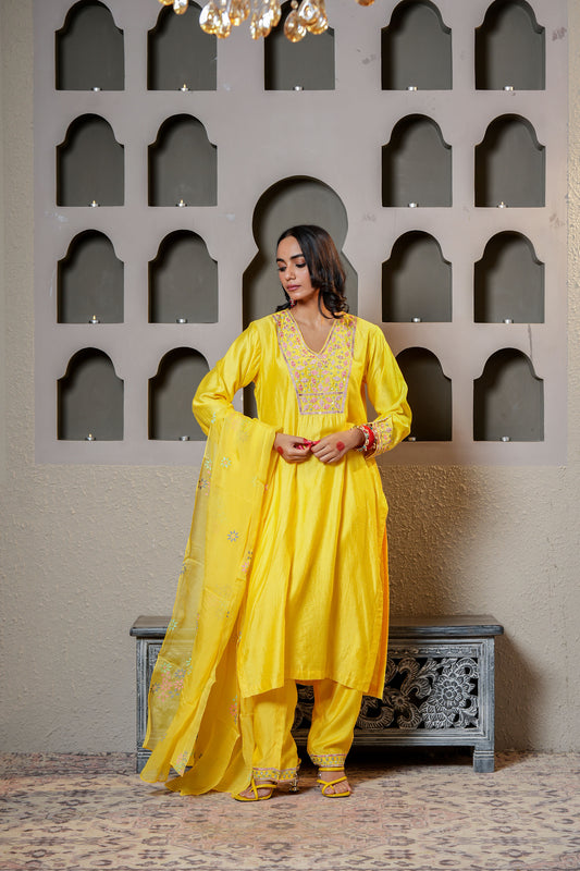 Yellow Viscose Chanderi Hand Work Kurta Set