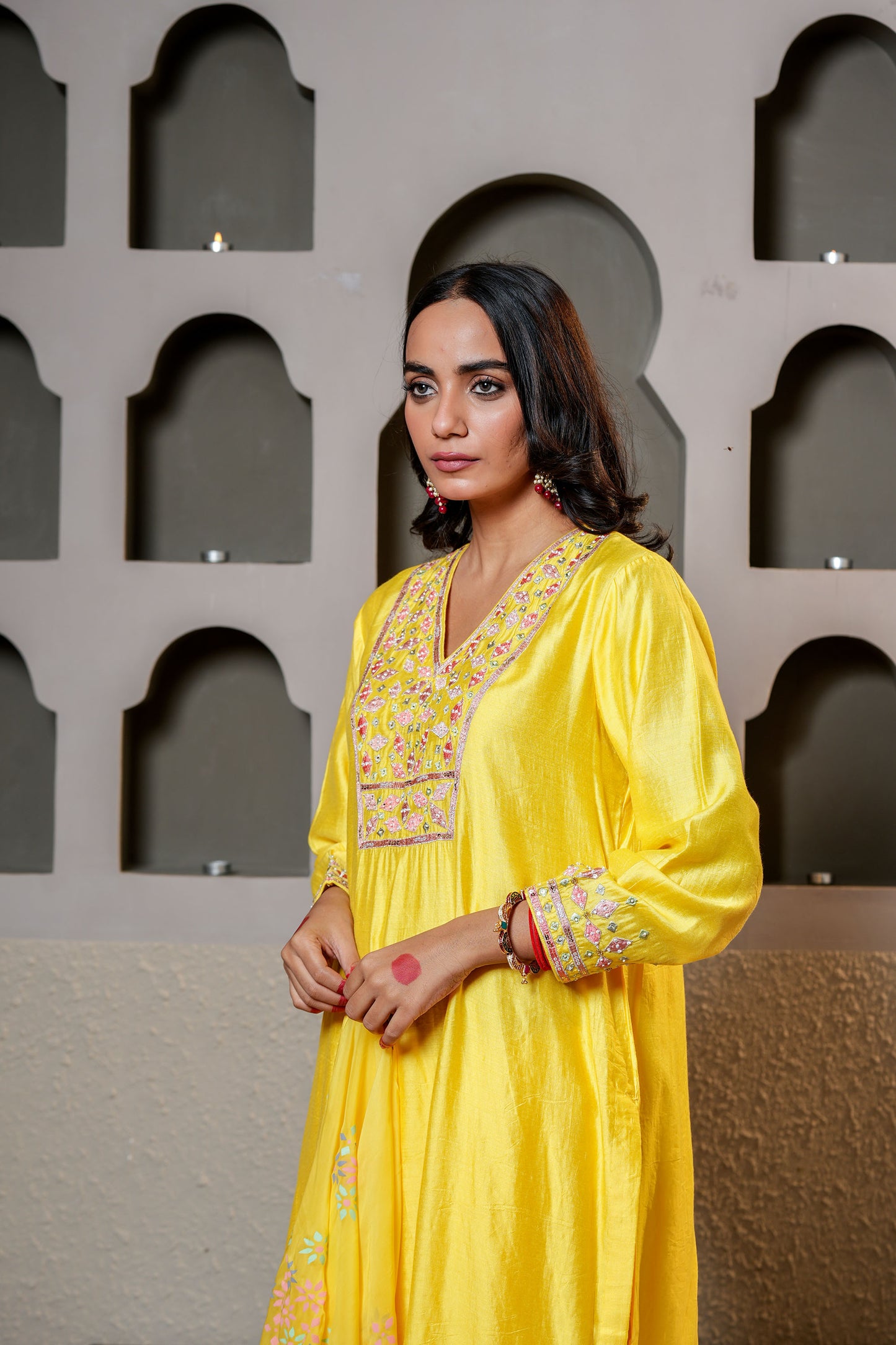 Yellow Viscose Chanderi Hand Work Kurta Set