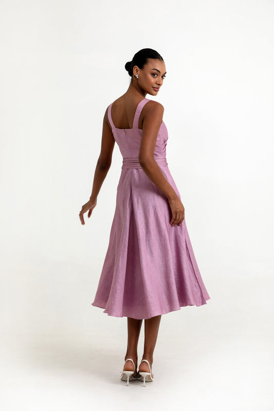 Ayla Lilac Linen Satin Deisgner Dress