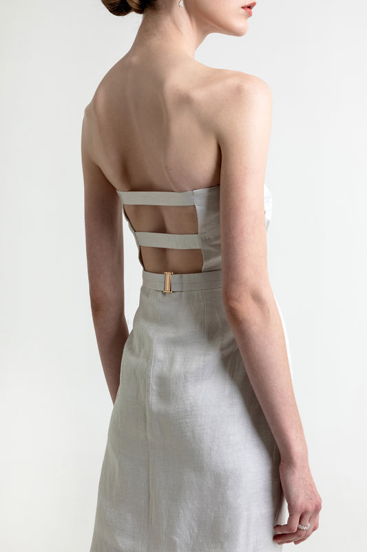 Avaia Silver Linen Satin Designer Gown